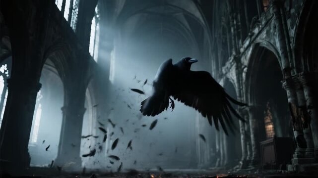 Dark Crow Flying in Gothic Cathedral