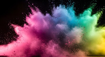 Vibrant explosion of colorful powder creates dynamic background for creative projects, add energy to your designs with this mesmerizing cloud of pink, blue, green, and yellow hues against black
