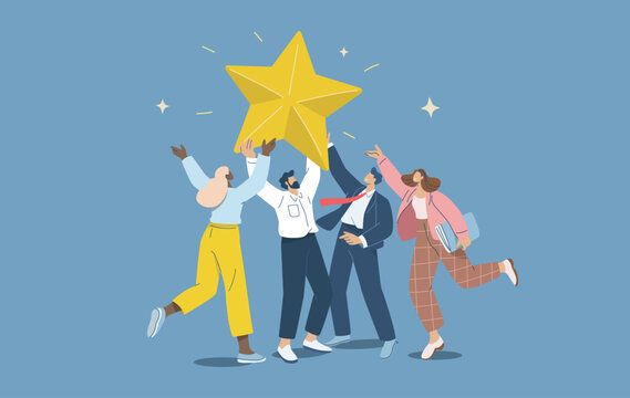Business team celebrating star award recognition success.