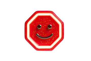 Red octagon stop sign with a smiling face