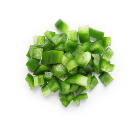 Pieces of green bell pepper on white background