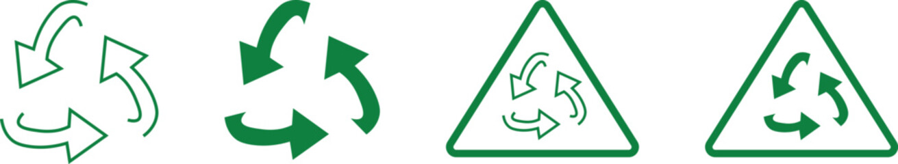 Green recycle symbol icon set with three arrows forming a loop, representing recycling, and sustainability.