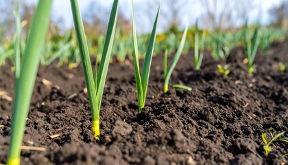 Rows of young garlic plants sprout from dark, rich soil in a garden setting, showing early stages of growth.