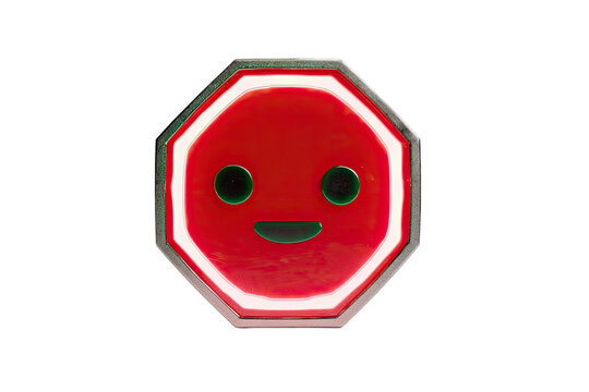 A red octagonal stop sign with a cartoon face