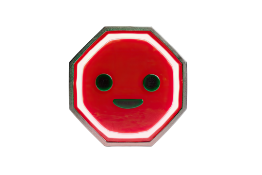 A red octagonal stop sign with a cartoon face