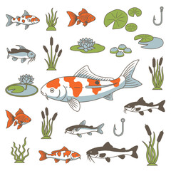 Obraz premium Vector element set of koi fish, aquarium fish, aquatic plants.