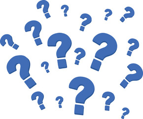 A collection of blue question marks of varying sizes are scattered across a white background, creating a sense of inquiry.