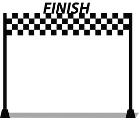 A black and white checkered finish line banner with the word 