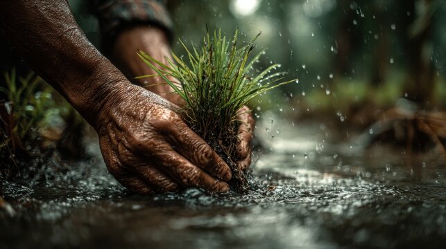 Close-up shows Thai farmer's hands carefully planting young rice seedlings in a wet paddy field, symbolizing traditional 1-giga-standard v2-4x farming practices.