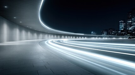 Abstract Neon Light Trails Weaving Through Dark Urban Cityscape at Night
