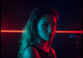 Portrait of a young woman illuminated by red and blue neon lights, gazing directly at the viewer.
