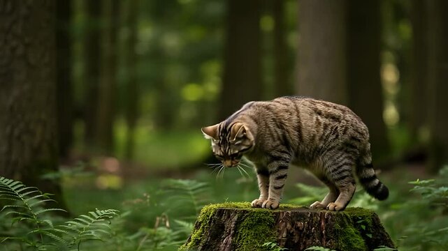 Wildcat in Natural Habitat: A European wildcat perched on a tree stump in a lush forest