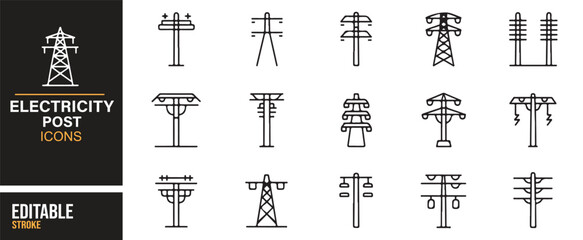 Modern outline electricity post icons showing grids, cables, and power towers.