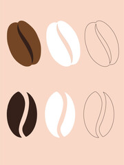 Six stylized coffee beans in brown, white, and outline variations arranged on a light pink background.