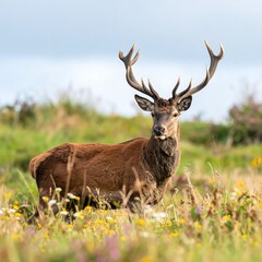 A majestic stag stands amidst a vibrant meadow, showcasing its impressive antlers and rich brown coat.