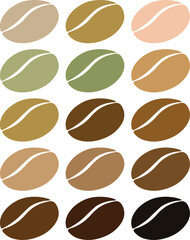 Fifteen stylized coffee beans are arranged in a grid pattern, each bean a different shade of brown, tan, and green.