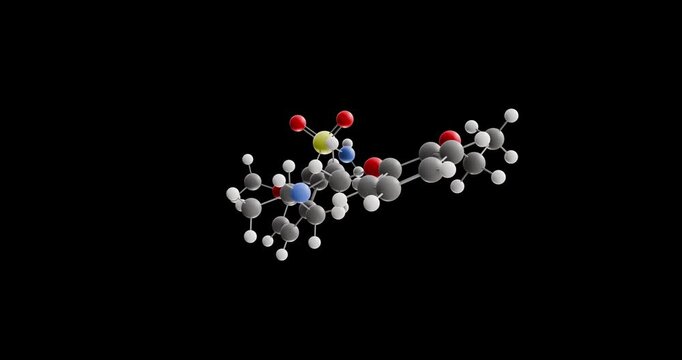 Tamsulosin molecule, rotating 3D model of selective alpha-1-adrenergic blocking agents, looped video on a black background
