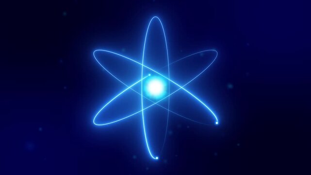 A captivating motion graphic featuring a glowing atom with orbiting electrons, symbolizing science, technology, physics, and molecular research.