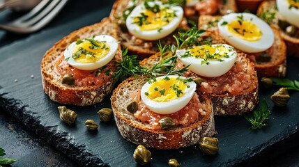 Whole grain bread slices garnished with tartar- quail eggs- capers- and herbs- served on a stylish dark tray.