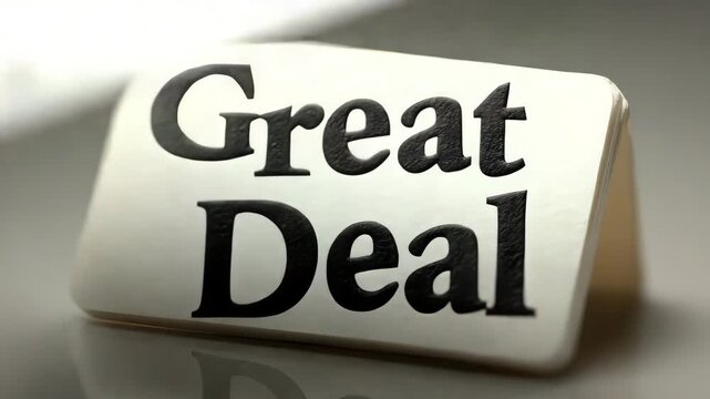 Bold text Great Deal printed on a floating card with drop shadow effect, clean bright background, excellent lighting