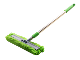 Green microfiber mop with a long metal handle isolated on transparent background