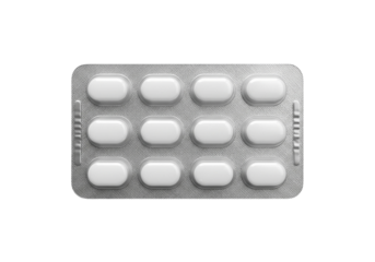 Pharmaceutical Blister Pack with Twelve White Oval Pills Isolated on White Background