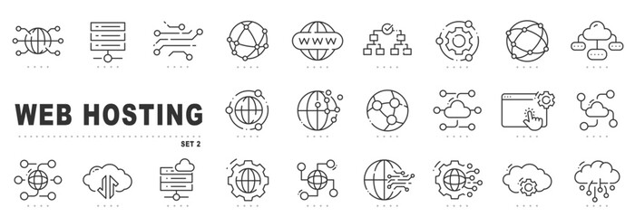 Web hosting icon set covering servers, cloud, domain, DNS, network security, scalability, backup, monitoring, deployment, automation in outline, editable stroke