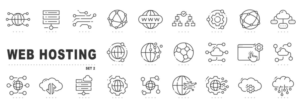 Web hosting icon set covering servers, cloud, domain, DNS, network security, scalability, backup, monitoring, deployment, automation in outline, editable stroke