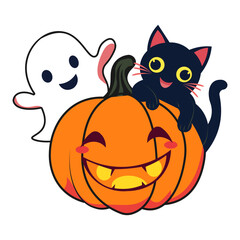 Spooky Halloween Scene Ghost, Black Cat, and Jack-o'-Lantern