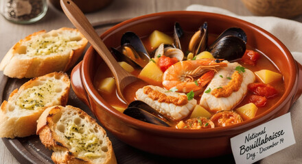 A bowl of bouillabaisse soup with shrimp mussels and potatoes served with garlic bread slices nearby