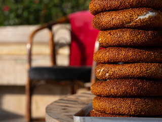 traditional Turkish simits sold on street