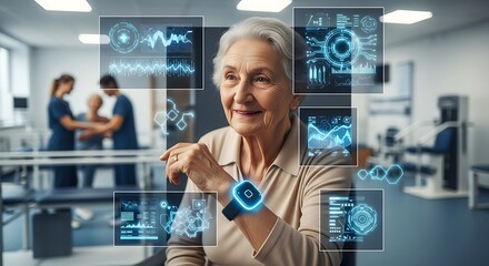 Elderly Woman Using Smartwatch in Rehabilitation Clinic.