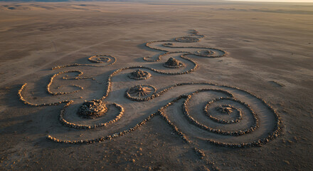 Aerial view of a large-scale land art installation in a desert landscape, featuring a winding, spiraling pattern constructed from stones and rocks.