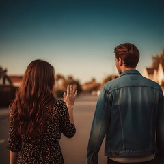 Two people walking away from each other on a street.