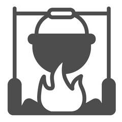 Cauldron on fire solid icon, spring season concept. Vector graphics. Camping pot at fireplace, cooking sign on white background, glyph style icon for mobile or web design.