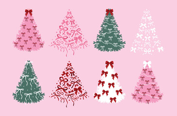 Christmas trees with different bows. Traditional symbol of Christmas and New Year. New year decoration. Retro Christmas card. Wonderful winter time. Holiday design for cards, banners, packaging and te