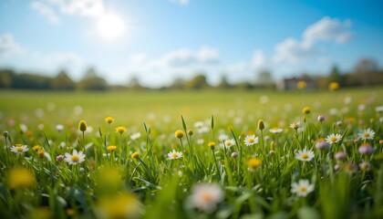 Sunny Spring Meadow Nature Background with Blurred Sky and Green Grass