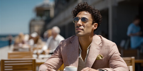 Young Middle Eastern man in pink blazer and sunglasses enjoys coffee at outdoor cafe, sunny day, stylish and confident mood