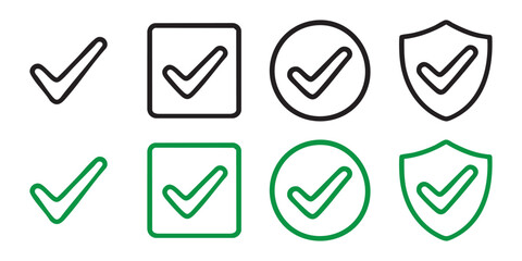 Checkmark Icon Set. 8 Approval & Completion Symbols in Black and Green with Square, Circle & Shield Variations.