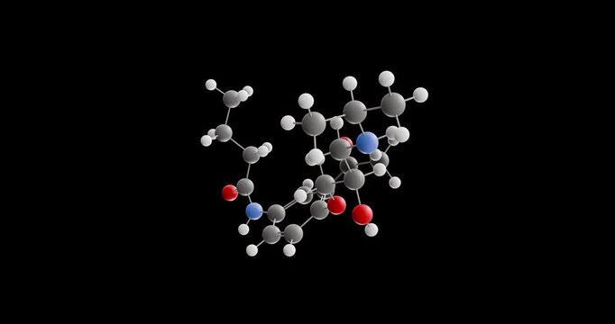 Acebutolol molecule, rotating 3D model of beta blocker, looped video on a black background
