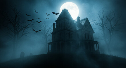 A spooky haunted house on a moonlit night with bats flying in the sky. The house looks old and eerie, creating a suspenseful atmosphere