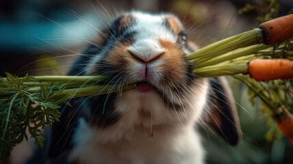 Fototapeta premium Close-up of a rabbit eating carrots and greens.