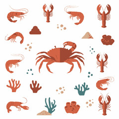 Vibrant illustration featuring various crustaceans and marine life.