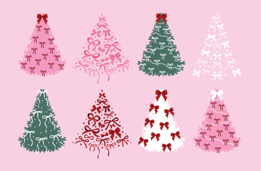 Christmas trees with different bows. Traditional symbol of Christmas and New Year. New year decoration. Retro Christmas card. Wonderful winter time. Holiday design for cards, banners, packaging and te