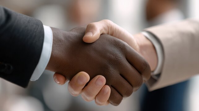 Interracial handshake concludes successful business deal in office environment, fostering diverse partnership