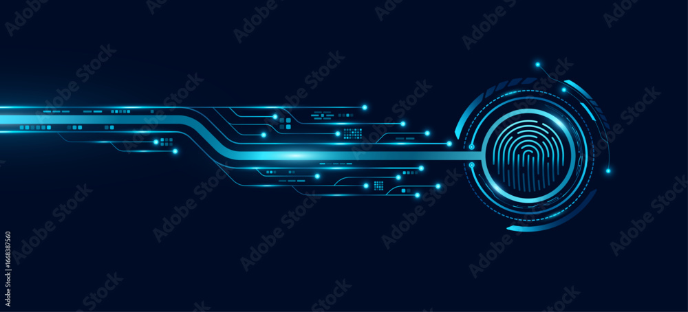 Wall mural digital tech fingerprint scan with digital hud circle and glowing computer circuit board. biometric 
