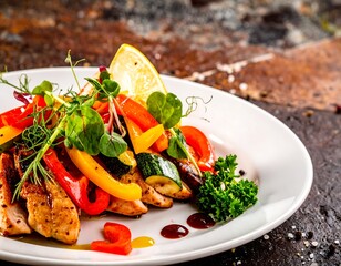 A delectable dish of grilled chicken breast, vibrant roasted vegetables, and fresh herbs, beautifully arranged on a white plate.