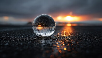 Crystal ball captures sunset over dark landscape