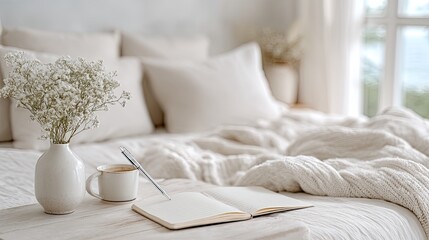 Peaceful Morning Journaling Session in Cozy White Bedroom