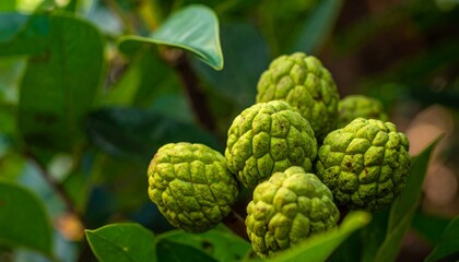 Fototapeta premium Close-up of Unripe Custard Apples on a Branch with Lush Green Leaves